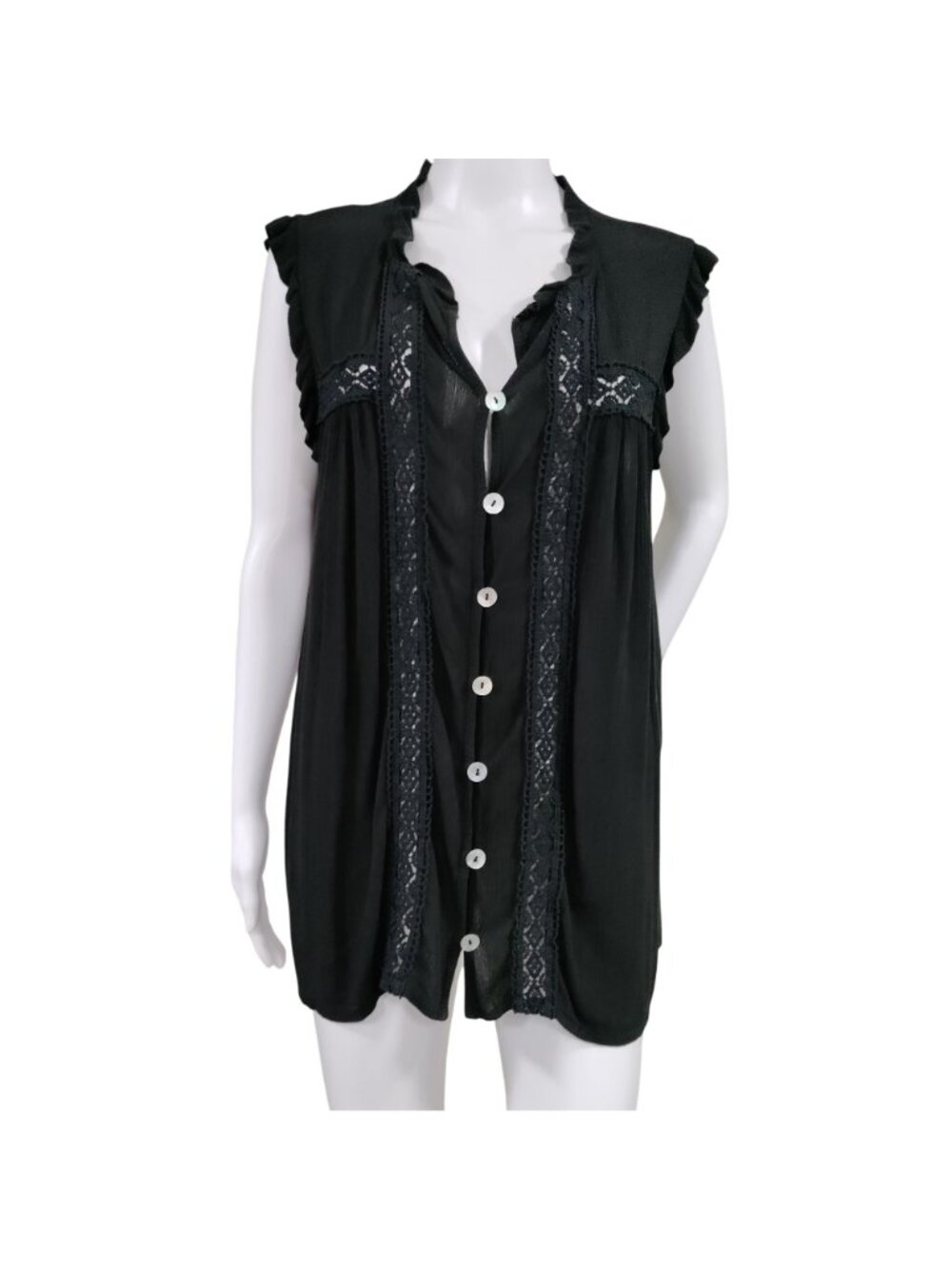 Made in Italy Whimsy Boho Black Lace MTrim Ruffle Button Up Sleeve Blouse - Picture 2 of 10